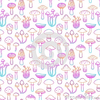 Seamless pattern colorful outline mushrooms, retro hippie style background. For vintage fabric, textile, wallpaper Vector Illustration