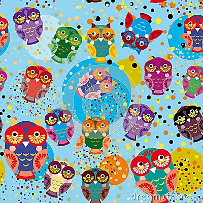 Seamless pattern with colorful owls on a blue background. Vector Illustration