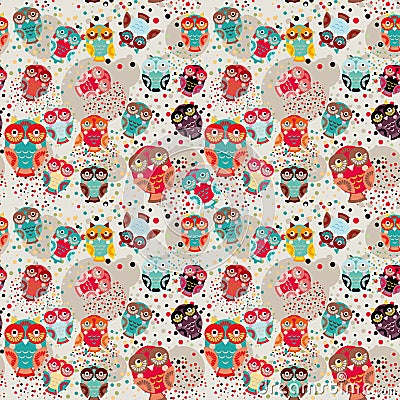 Seamless pattern with colorful owls on cream background. Vector Illustration