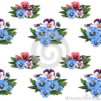 Seamless pattern with colorful Pansies isolated on white background. Cartoon Illustration