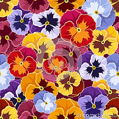 Seamless pattern with colorful pansy flowers. Vector Illustration