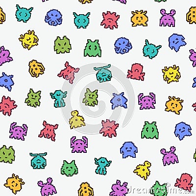 Seamless Pattern of Colorful Pixel Art Monsters Vector Illustration
