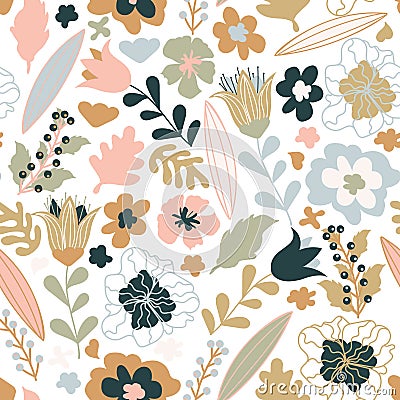 Seamless pattern with colorful pretty flowers, leaves and floral elements Stock Photo
