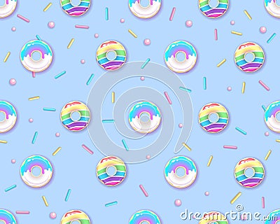Seamless pattern of colorful rainbow sweet donuts. Junk food background Vector Illustration