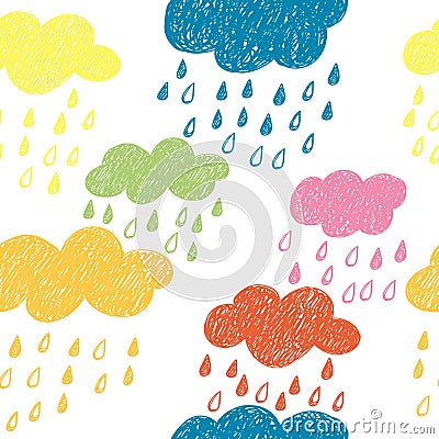 Seamless pattern with colorful rainy clouds. Vector Illustration