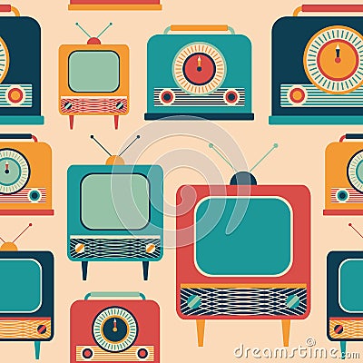 Seamless pattern with colorful retro TVs and radio receivers. Vector Illustration