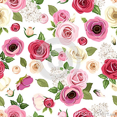 Seamless pattern with colorful roses, lisianthus and anemone flowers. Vector illustration. Vector Illustration