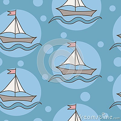 Seamless pattern with colorful ship with flag and wave on blue b Vector Illustration