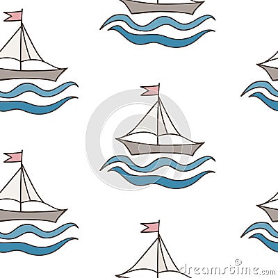 Seamless pattern with colorful ship with flag and wave Vector Illustration