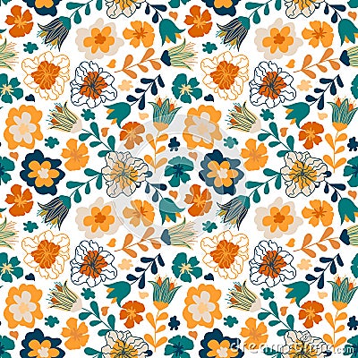 Seamless pattern with colorful small pretty flowers, leaves and floral elements Vector Illustration