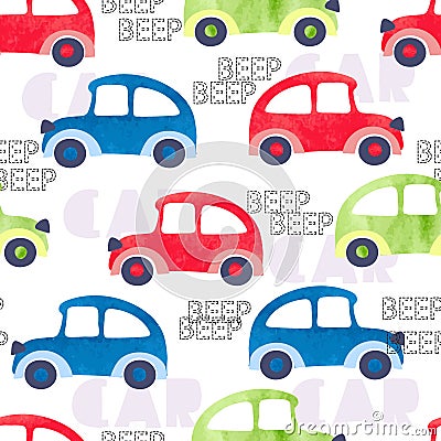 Seamless pattern with colorful watercolor cars. Vector Illustration