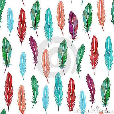 Seamless pattern of colorful watercolor feathers. Hand drawn Stock Photo