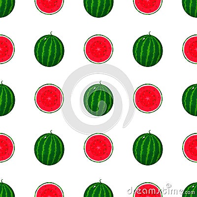 Seamless pattern with colorful whole and half of juice watermelon isolated on white background. Fresh cartoon berries. Vector Vector Illustration