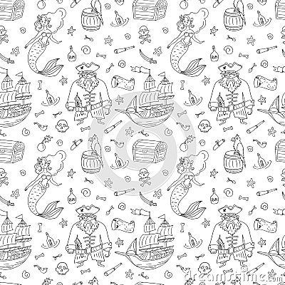 Seamless pattern for coloring book with pirate with white background Vector Illustration