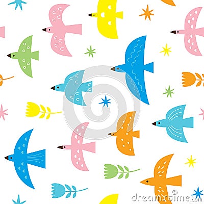 Seamless pattern with colors birds on a white bakground Vector Illustration