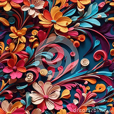 seamless pattern, colurful and vibrant swirly and flowery background, ai generated Stock Photo