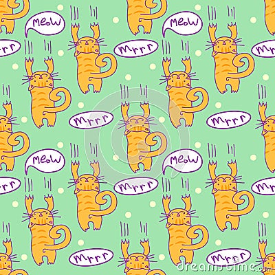 Seamless pattern with comic cartoon cat. Scratching kitten with speech bubbles. Simply editable vector texture for fabric, cover, Vector Illustration