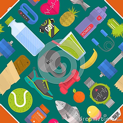 Seamless pattern composed from icons representing healthy lifestyle sport background vector illustration Vector Illustration