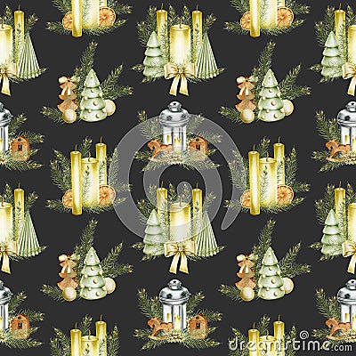 Seamless pattern with compositions of Christmas decorations lantern, candles, spruce branches, Christmas trees, wooden toys Stock Photo