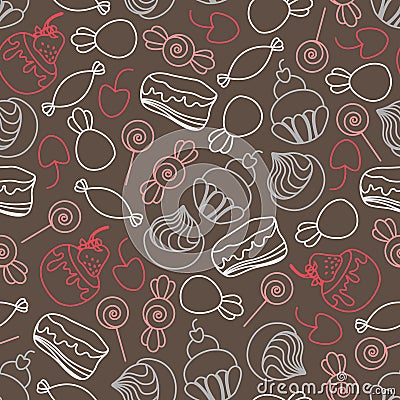 Seamless pattern with confectionery. Candy lollipops muffins pie cake with berries cake in the glaze. Line drawing. Vector Illustration