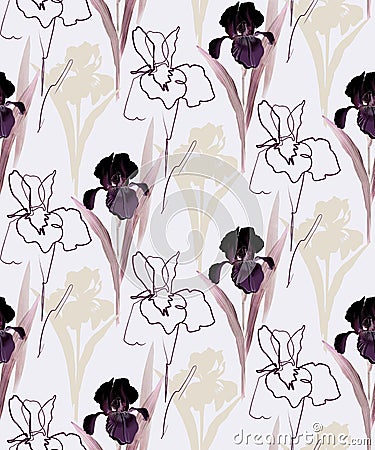 Seamless pattern consisting of iris flowers different sizes and technique Stock Photo