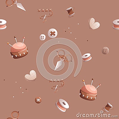 Seamless vector pattern consisting of sewing attributes such as buttons, needle holder, scissors, thread, needle. Vector Illustration