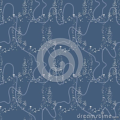 Seamless pattern with continuous cords and leopard silhouettes. Complex vector print in blue, smoky blue, white and pastel pink. Vector Illustration