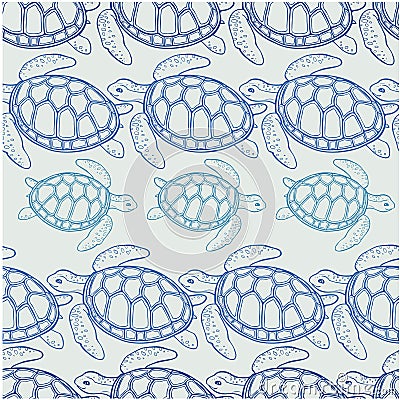 Seamless pattern contour big and small turtles swim on summer shower background Vector Illustration