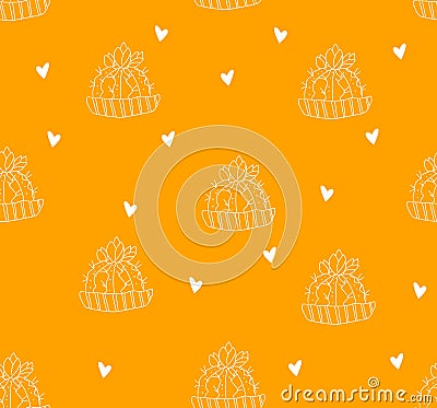 Seamless pattern with contour cactus and hearts on orange background. Vector Vector Illustration