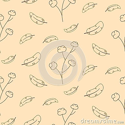 Seamless pattern of contour cotton twigs and feathers Vector Illustration