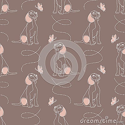 Seamless pattern, contour dogs Beagle and butterflies on a beige background. Print, children's textile Vector Illustration