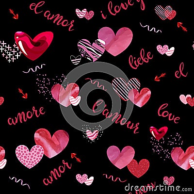 Seamless pattern with contour hearts in graphic style isolated on the transparent background. Vector illustration Vector Illustration