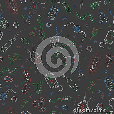 Seamless illustration with contour images of bacteria, germs and viruses , simple colored chalks on the dark school Board Vector Illustration