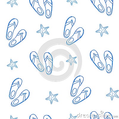 Seamless pattern with contour shale and starfish. Ornament for textile and wrapping. Vector summer background Vector Illustration