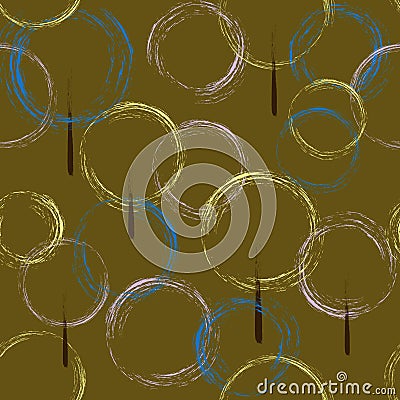 Seamless pattern of contours of circles, trees on a brown background. Vector. Vector Illustration