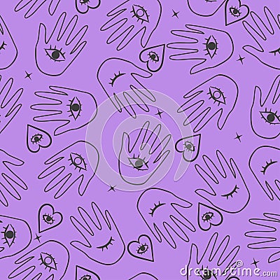 Seamless pattern of contours of hands and eyes. Vector graphics Vector Illustration
