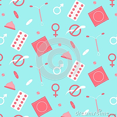 Seamless pattern with contraceptives. Vector illustration. Flat style. Medical print. Vector Illustration