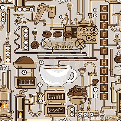 Seamless pattern with a conveyor coffee production Vector Illustration