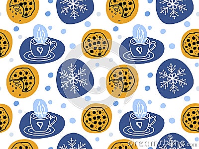 Seamless pattern with cookies, hot drink cup and snowflake. Winter repeated scketch background. Flat vector illustration Vector Illustration