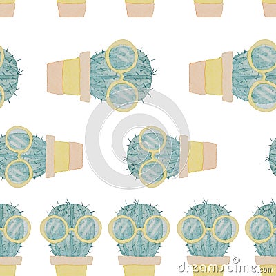 Seamless pattern of cactus characters painted in watercolor Stock Photo