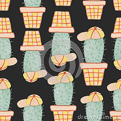 Seamless pattern of cactus characters painted in watercolor Stock Photo