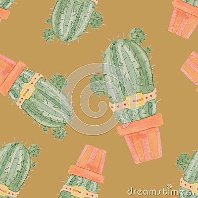 Seamless pattern of cactus characters painted in watercolor Stock Photo