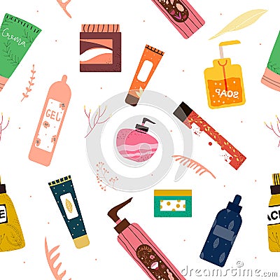 Seamless pattern with cosmetics: bottles, jars, shampoos, gels and creams for care. Vector Illustration