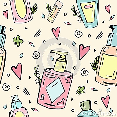 Seamless pattern with cosmetics bottles Vector Illustration