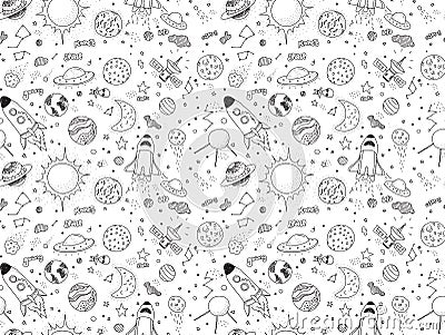 Seamless pattern. Cosmic objects set. Hand drawn vector doodles. Rockets, planets, constellations, ufo, stars, etc Vector Illustration