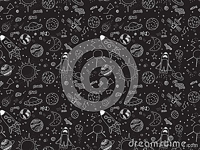 Seamless pattern. Cosmic objects set. Hand drawn vector doodles. Rockets, planets, constellations, ufo, stars, etc Vector Illustration