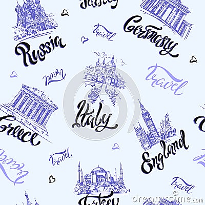 Seamless pattern. Countries and cities. Lettering. Sketches. Landmarks. Travel. Russia Greece Turkey Italy Germany. Vector. Stock Photo