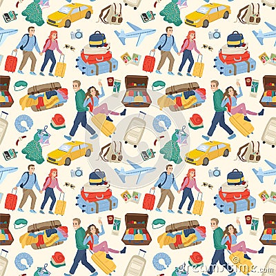 Seamless pattern. Couples traveling together with luggage. Travel concept. Vector cartoon illustration Vector Illustration