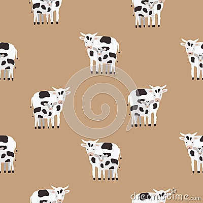 Seamless pattern with cow and calf coated in black and white patches. Backdrop with cute cartoon animals on brown Vector Illustration