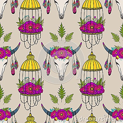 Seamless pattern with cow skull and bird cage Vector Illustration